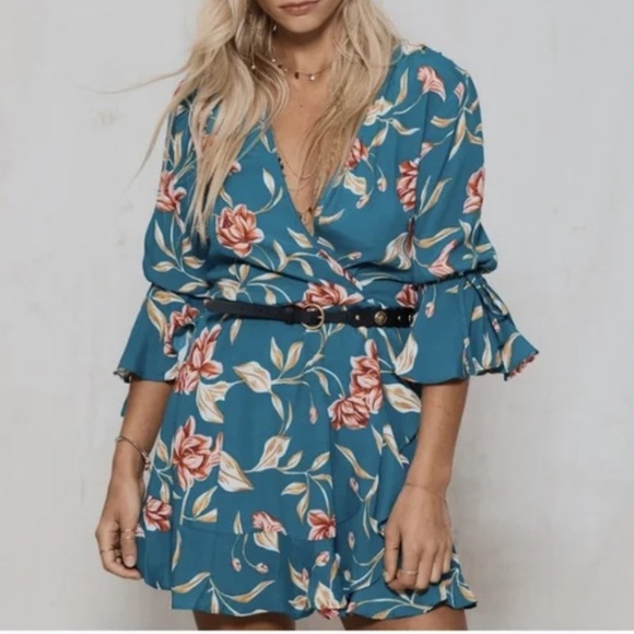 Kivari Dresses & Skirts - KIVARI Lucia Teal Floral Frill Wrap Mini Dress RRP$190